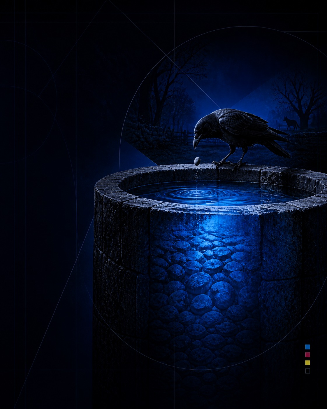 A raven dropping a pebble into a stone well as the water rises