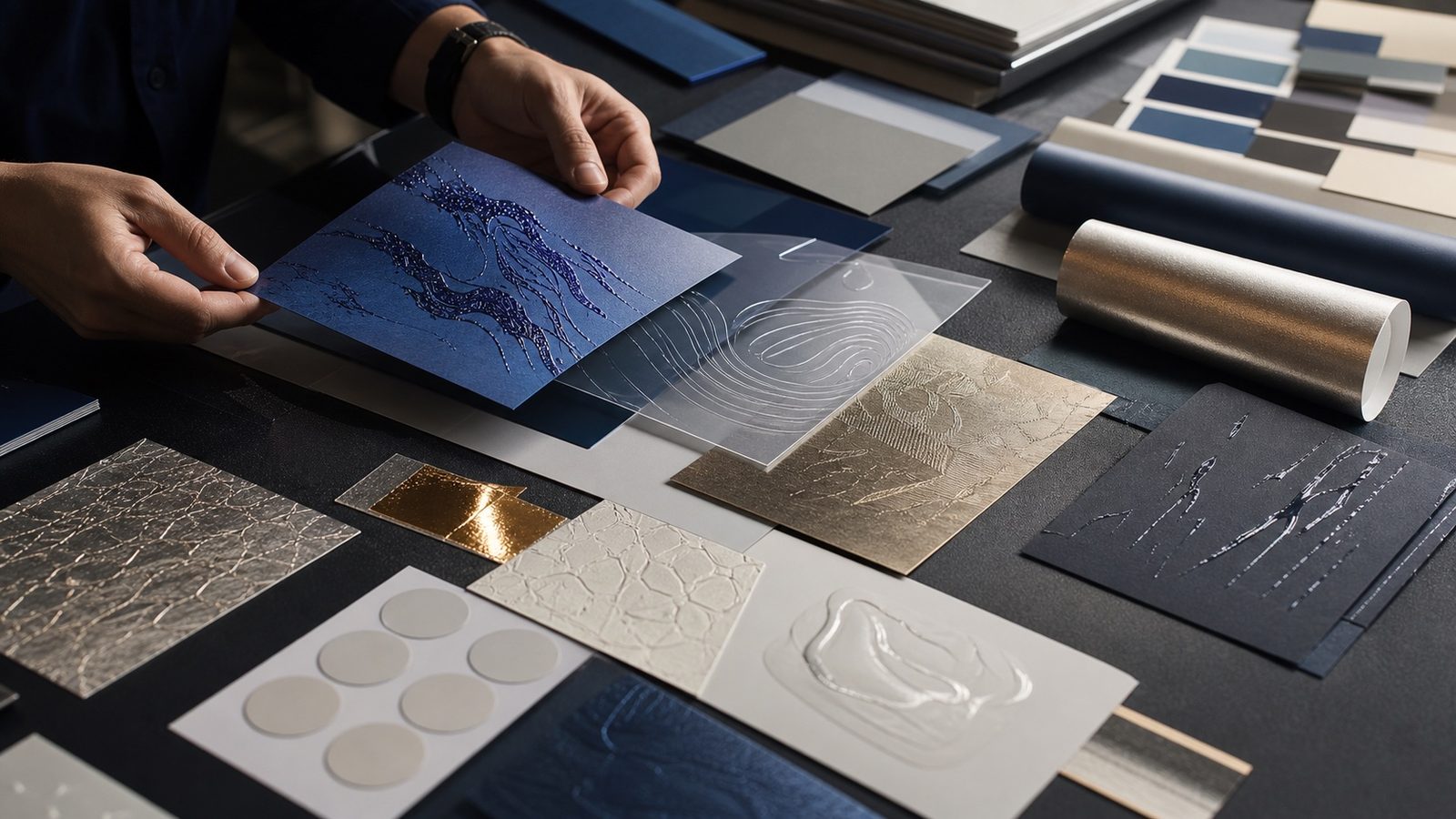 Concept image of hands comparing specialty print substrates and embellishment samples