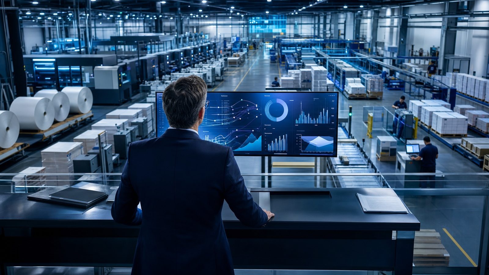 Concept image of an integrated commercial operations system overlooking a modern print production facility