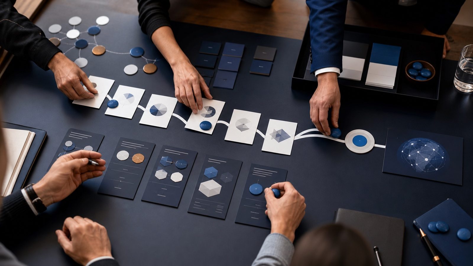 Concept image of a team building a governed product operating model with stage cards and blue pebble markers
